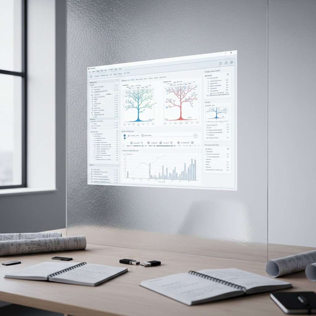 A glass wall-mounted display in a workspace with tools and accessories like notebooks and small USB drives.