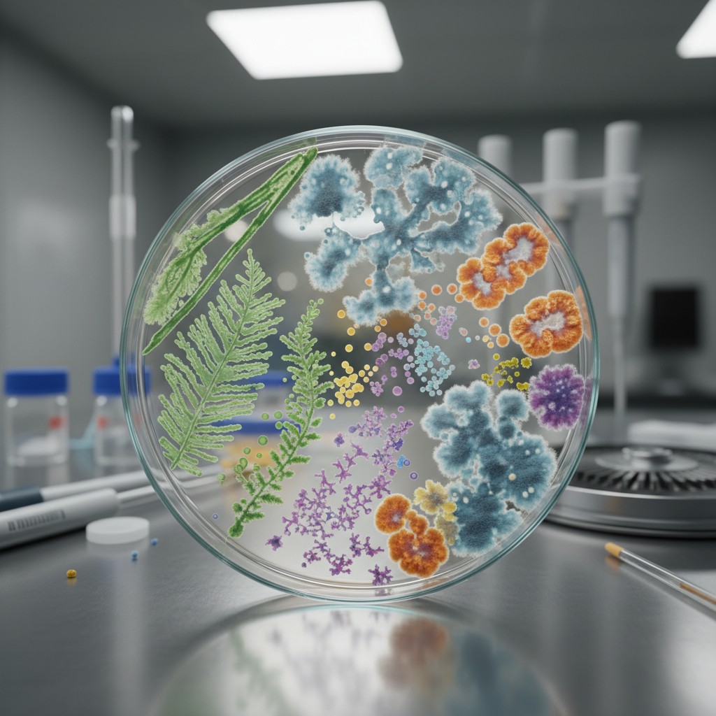The microbiology lab. A sample petri dish, petri dishes in the background, and scientific equipment.