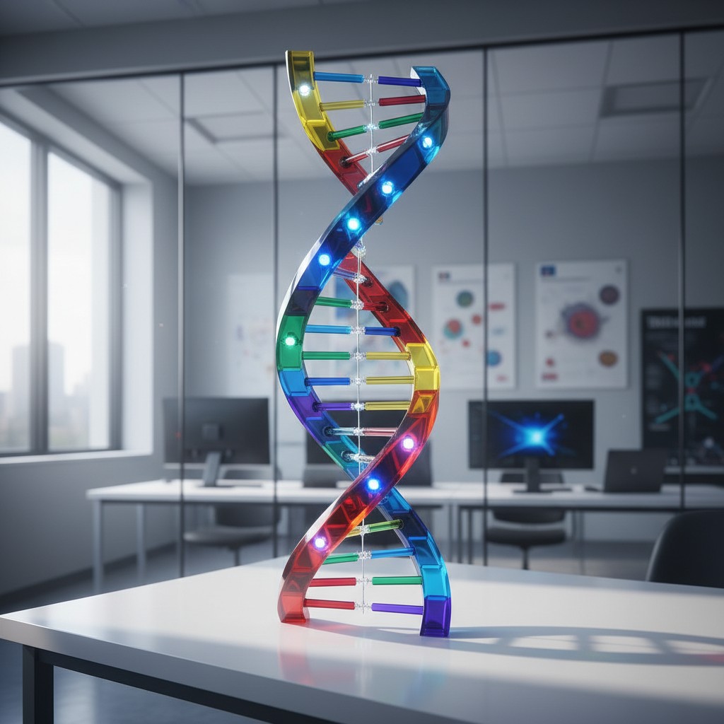 The double helix DNA letter model is created from a collection of recurve sofas, designing a double helix staircase.