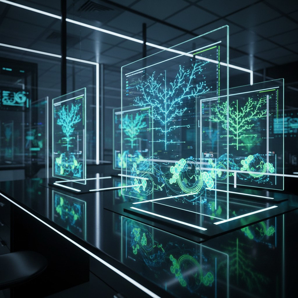 Three interactive screens displaying tree plans in various shades of blue and green on black background.Tblbloinfookand://...